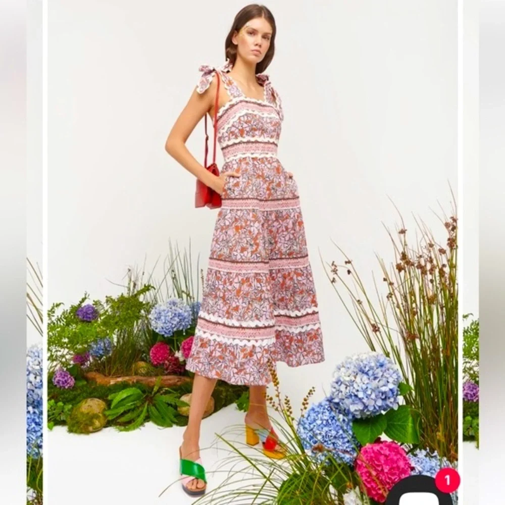 Celia B Floki Tiered Floral Midi Dress With Tie Shoulders Medium NWT - Picture 3 of 14